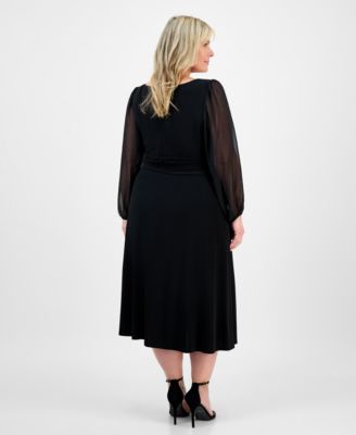 Plus Size Shirred-Waist Sheer-Sleeve Midi Dress