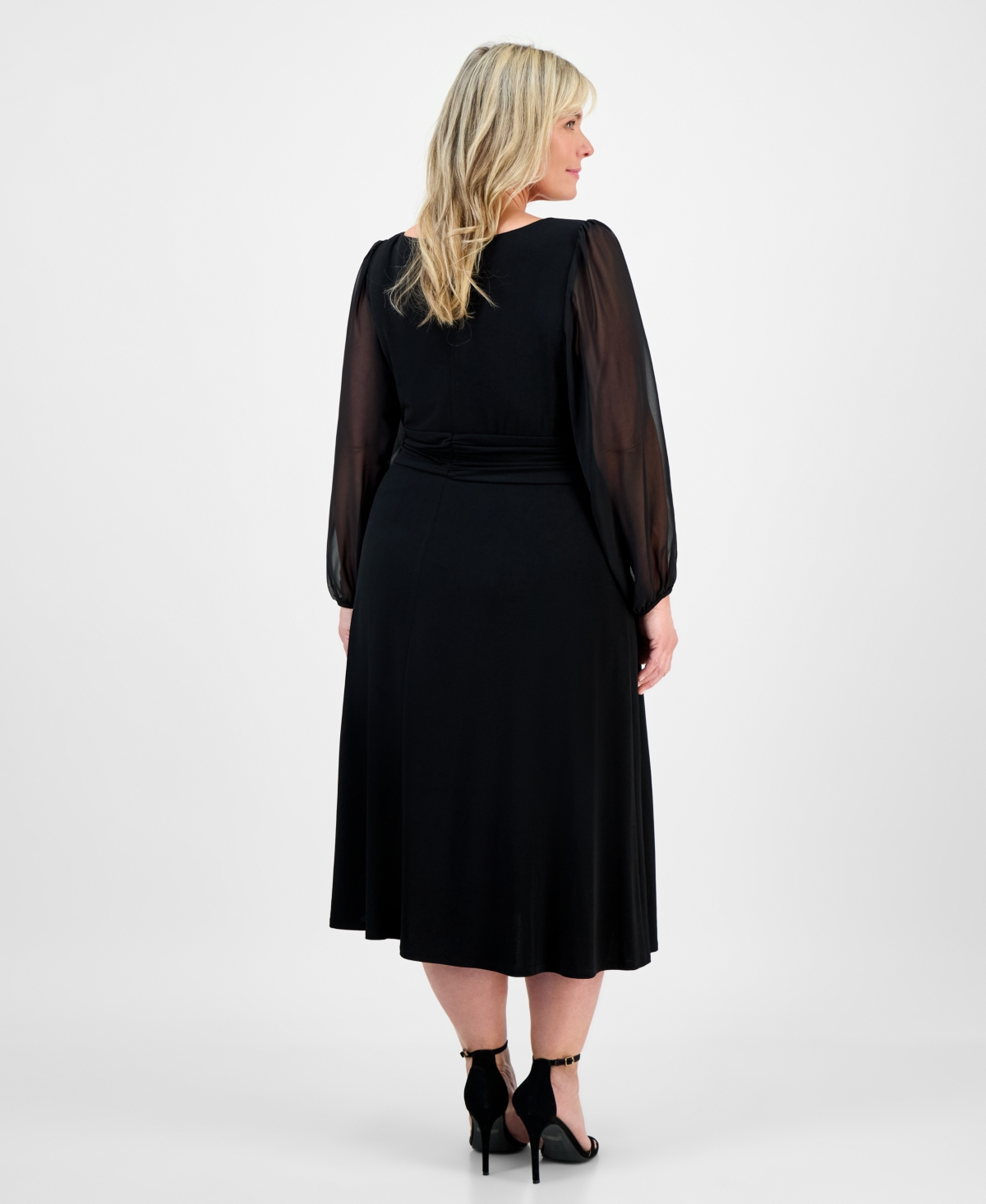 Connected Plus Size Shirred-waist Sheer-sleeve Midi Dress