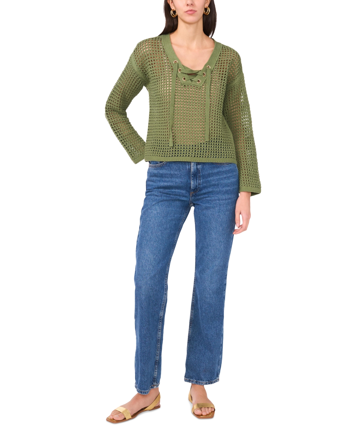 Shop Vince Camuto Women's Lace-up Fishnet Long-sleeve Sweater