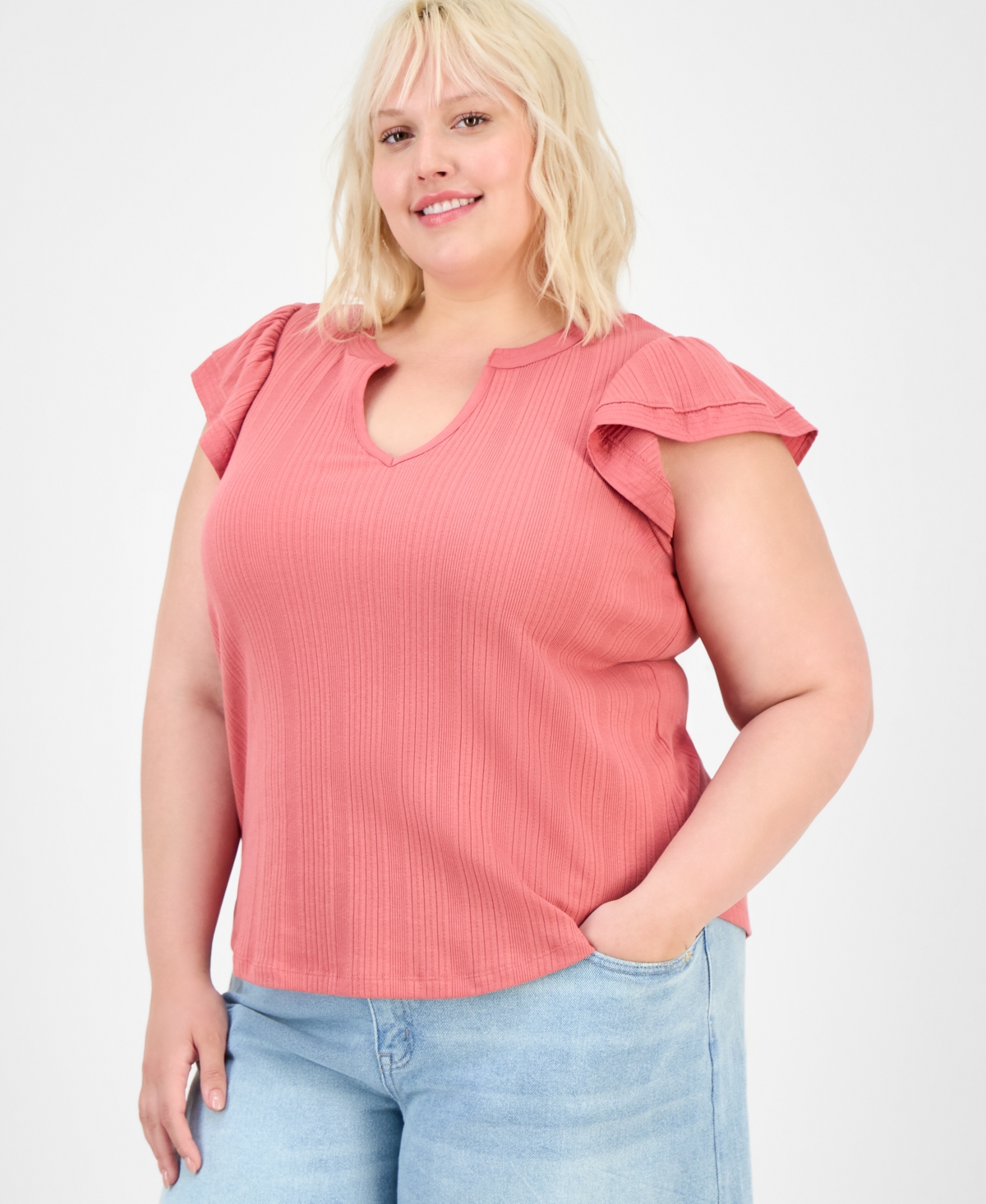 Democracy Trendy Plus Relaxed Flutter-sleeve Top In Pink