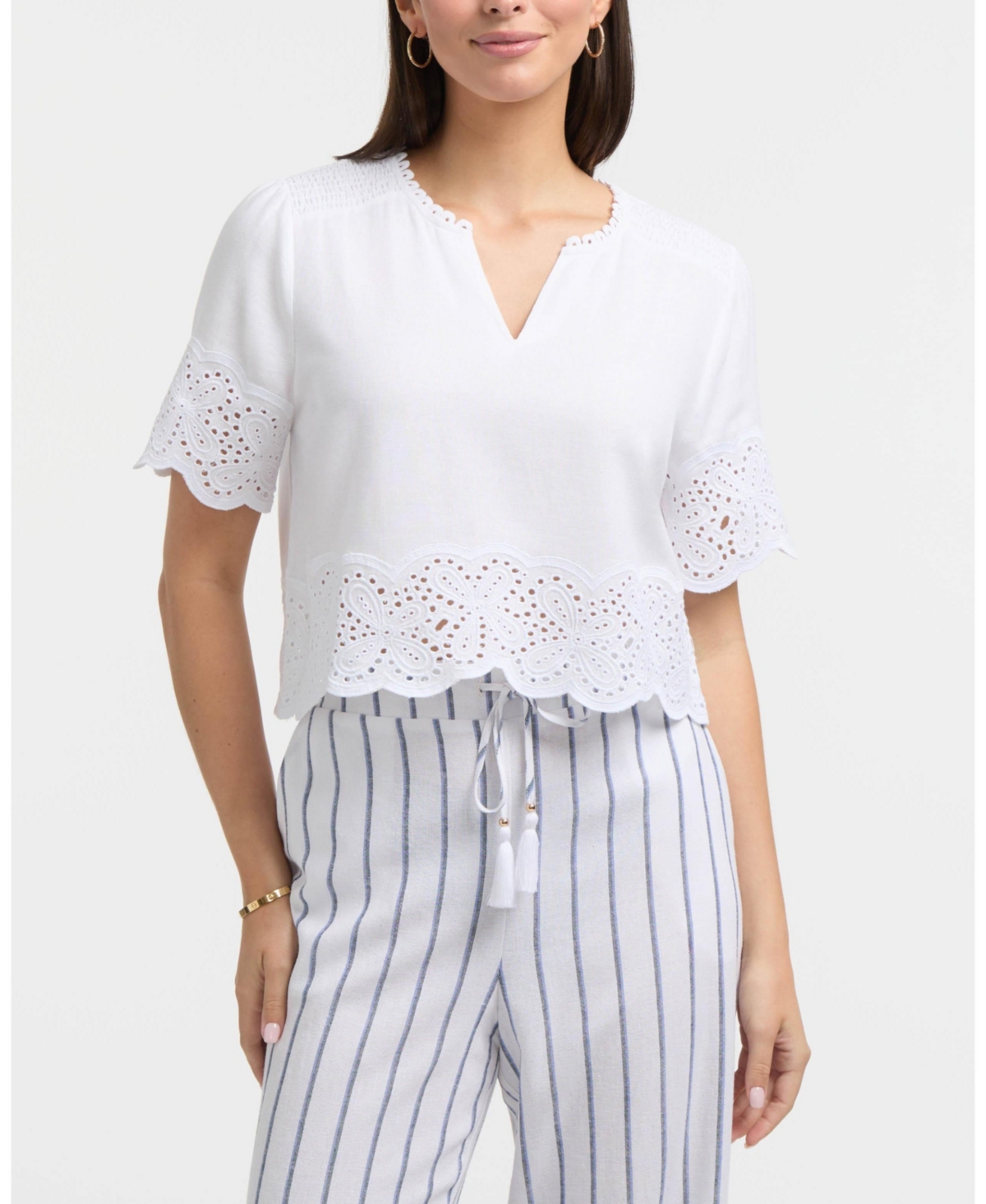 Women's Embroidered Trim Top - White