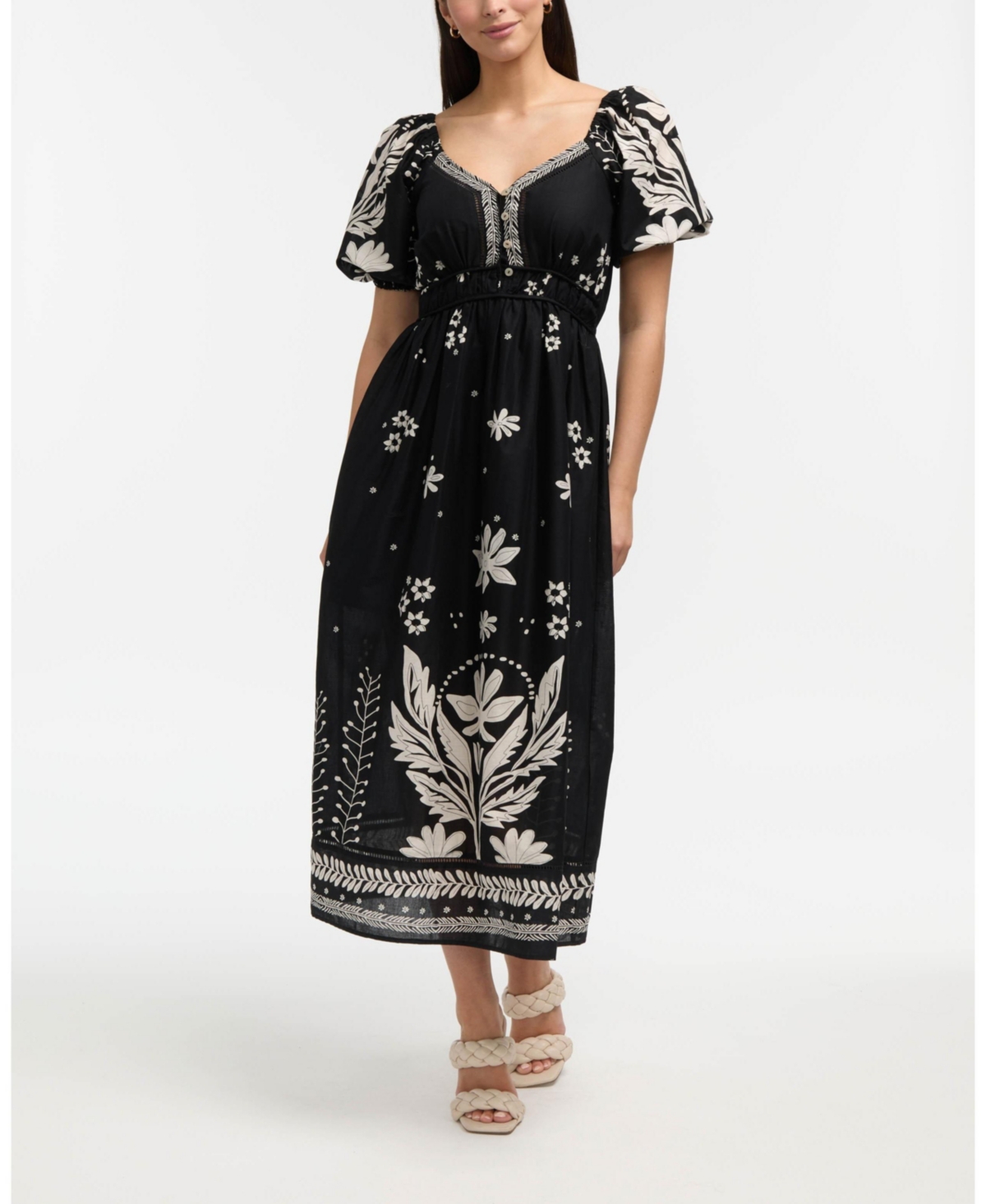 Women's Printed Puff Sleeve Maxi Dress - Black/white boho