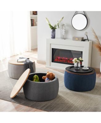 Round Upholstered Storage Ottoman with Removable Top for Use as Coffee Table or Footstool Handmade Accent for Living Room or Bedroom-The Pop Home