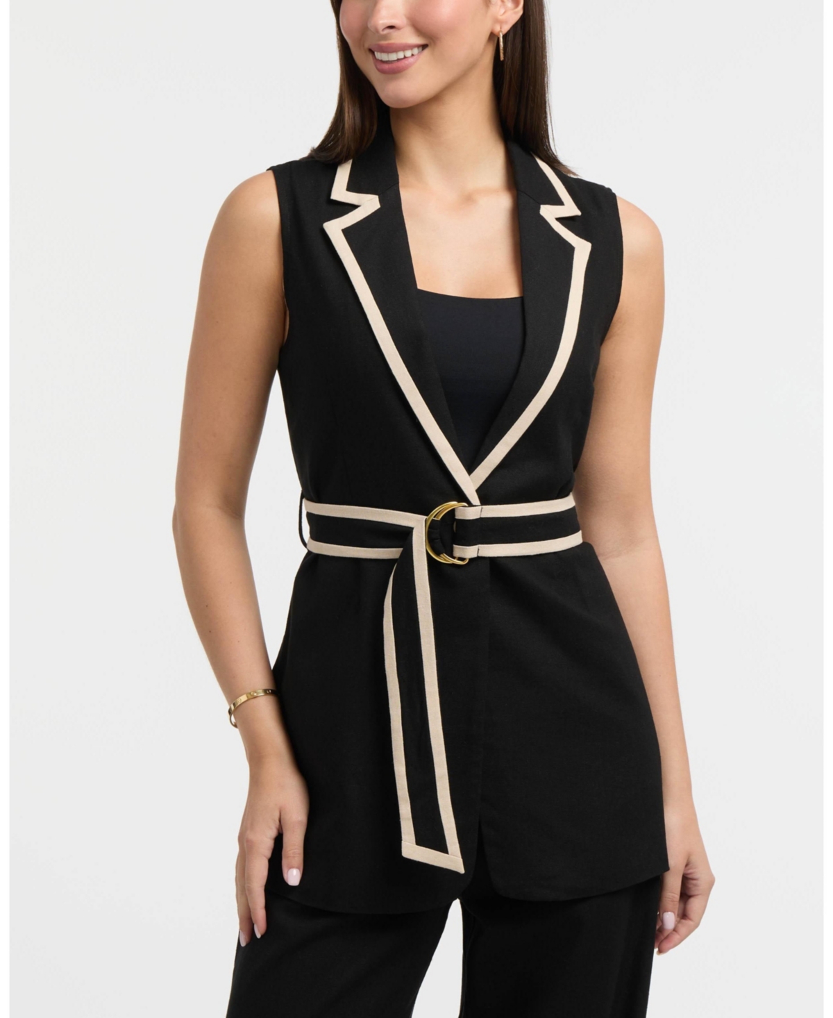 Women's Sleeveless Belted Vest with Contrast Detailing - Linen