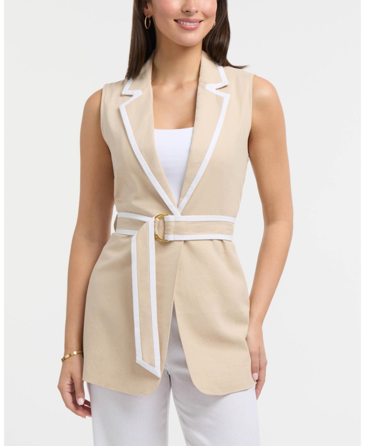 Women's Sleeveless Belted Vest with Contrast Detailing - Linen