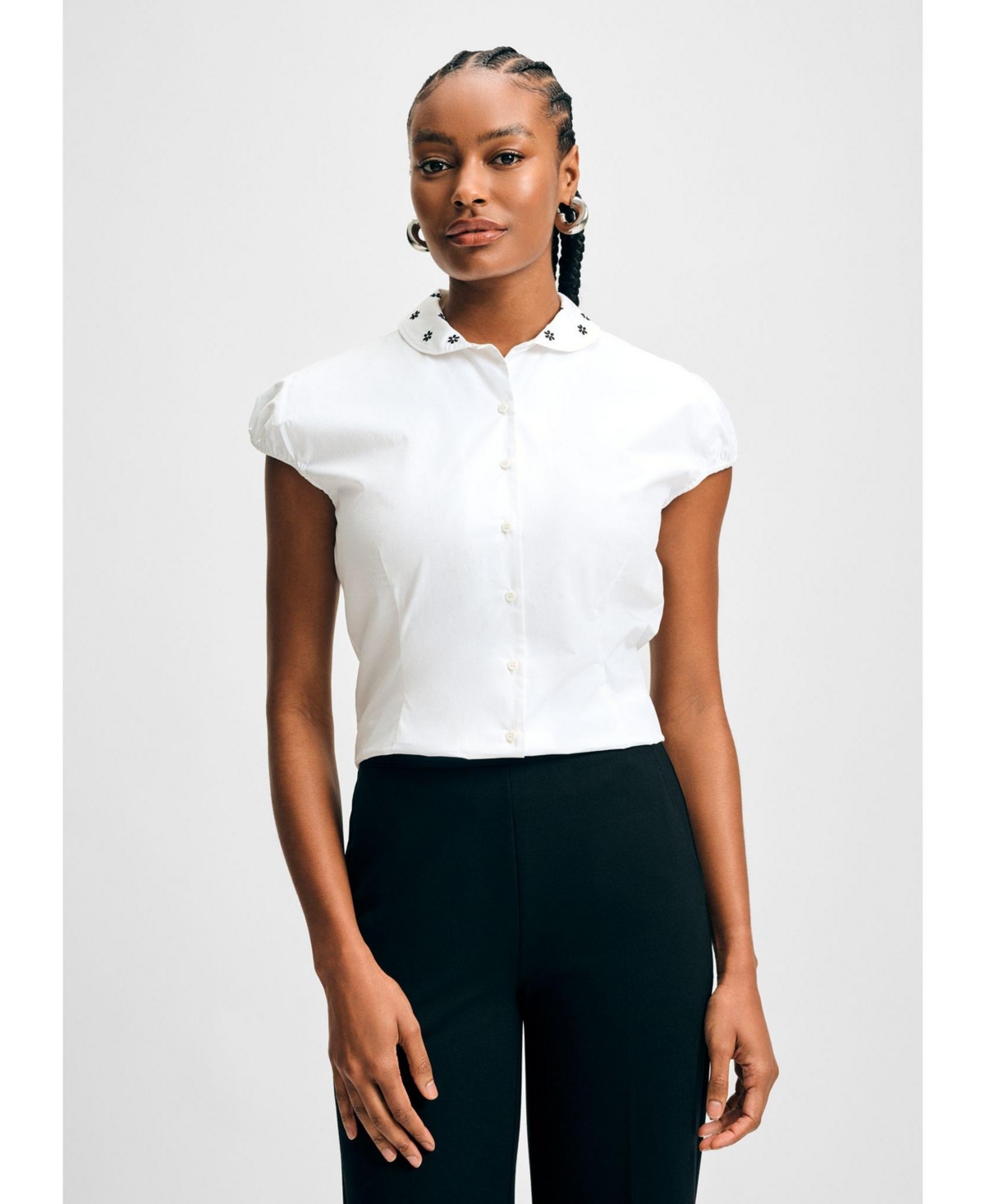 Women's Embroidered Collar Cap Sleeve Top - White black