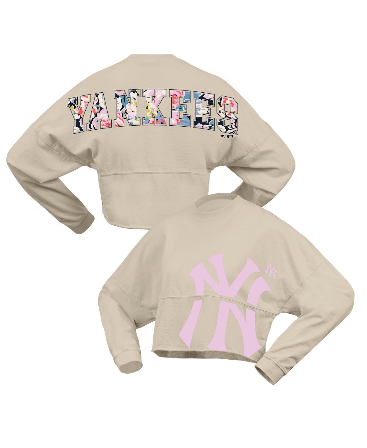Fanatics Women's Cream New York Yankees Floral Preppy Cropped Long Sleeve T-shirt