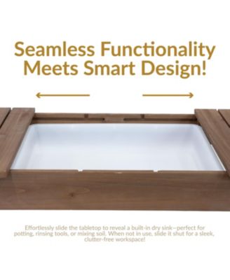 Wooden Wheeled Garden Potting Bench with Dry Sink, Storage Shelves, and Tool Hooks - Brown