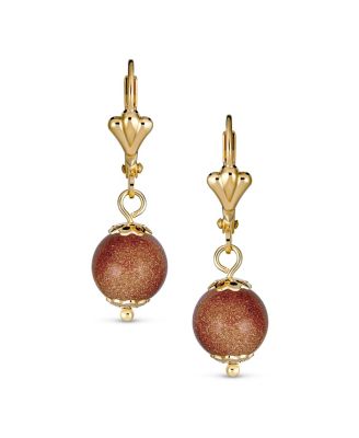 Classic Elegant Simple Round Natural Stone Dangle Lever Back Drop Ball Earrings Polished Plated Brass