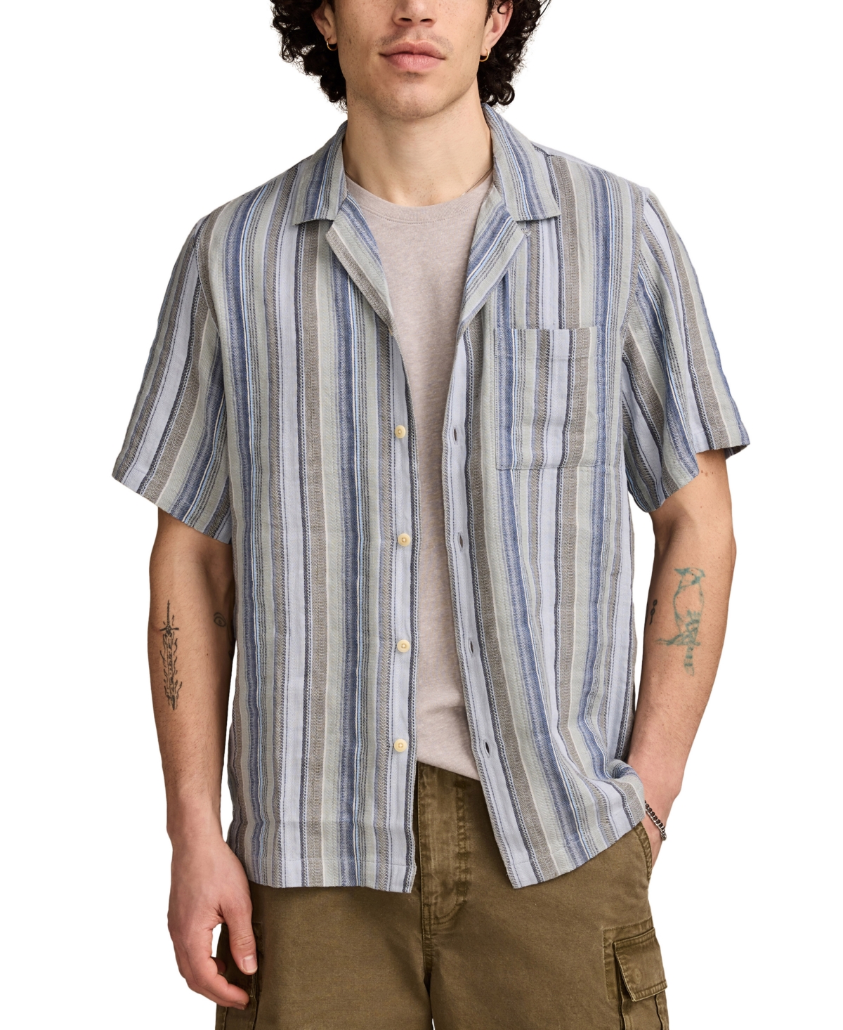 Men's Short Sleeve Dobby Stripe Button-Front Camp Shirt - Cream Multi
