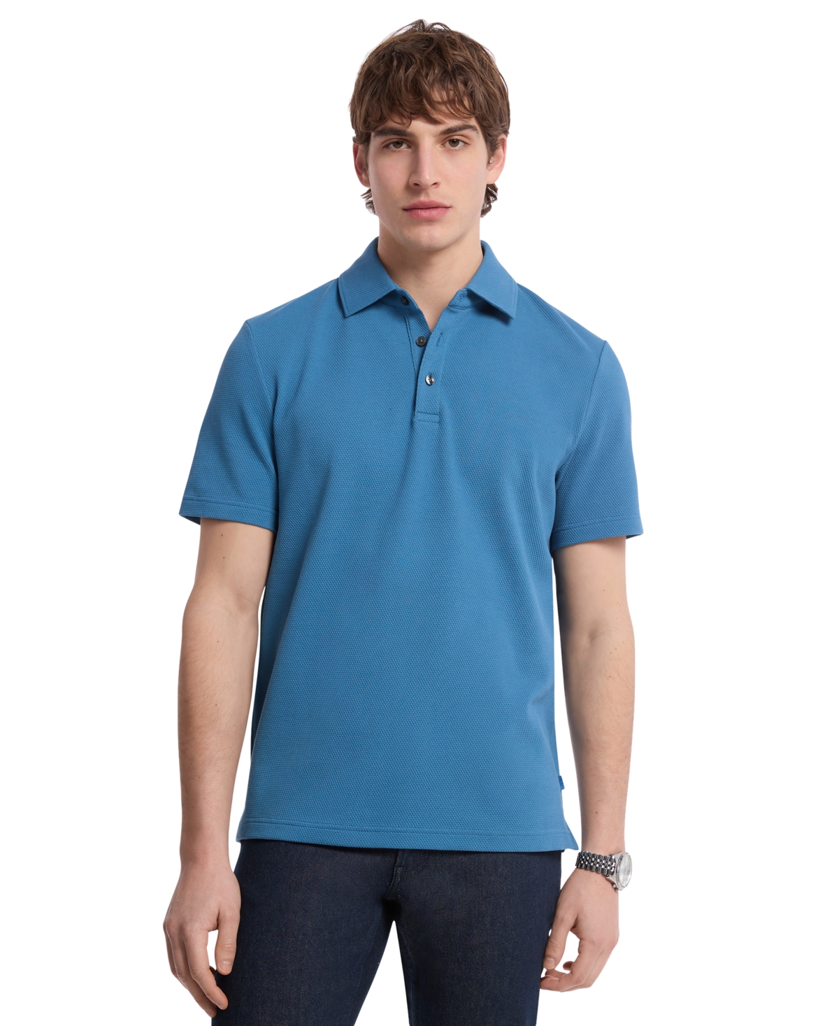 Men's Short Sleeve Bubble Knit Polo Shirt - Steel Blue
