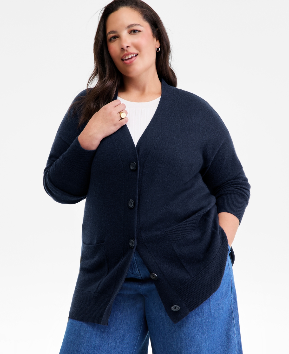 Charter Club Plus Size 100% Cashmere Button-front Cardigan, Macy's Exclusive In Blue