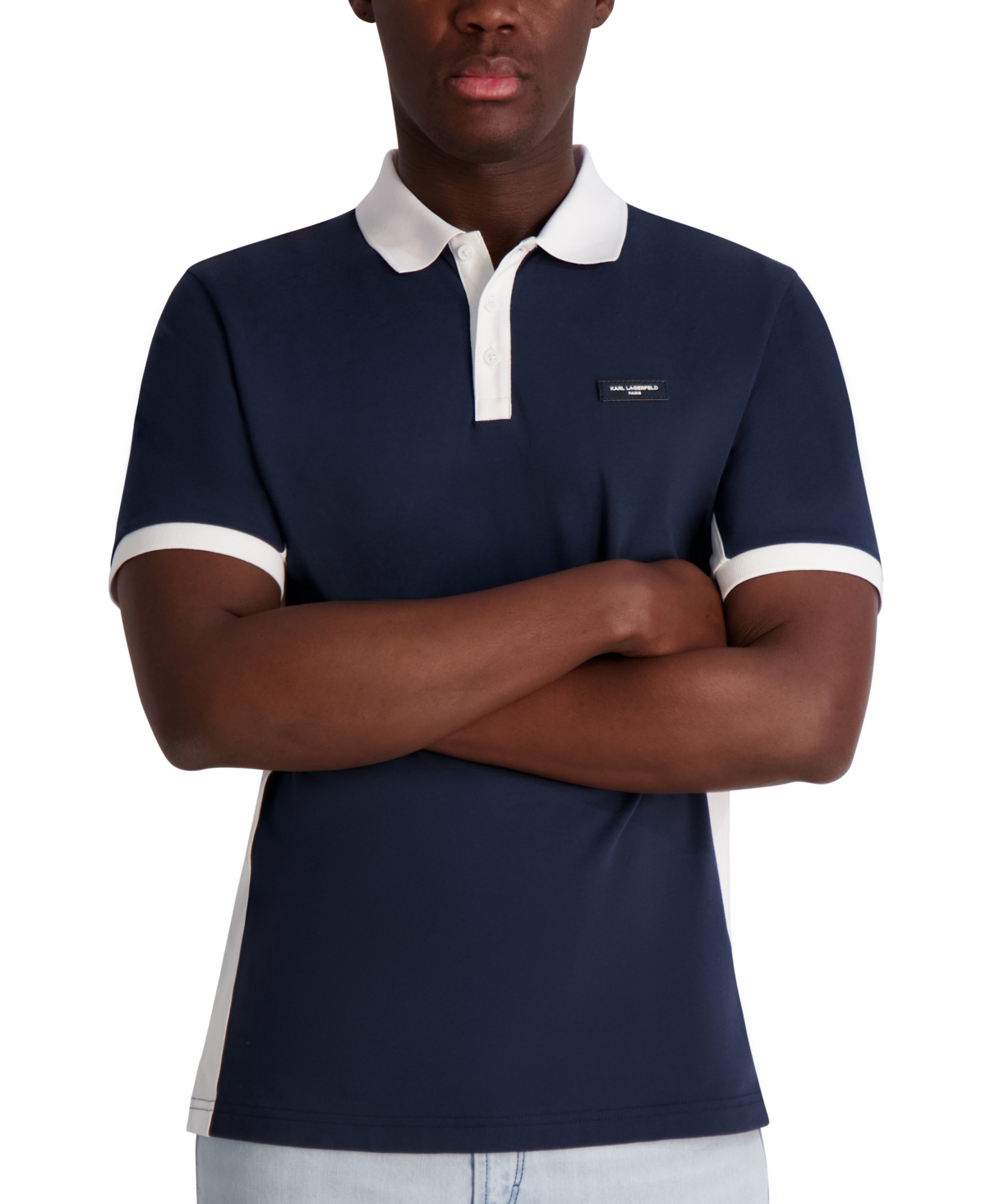 Men's Color Block Pique Polo Shirt - Navy/ White