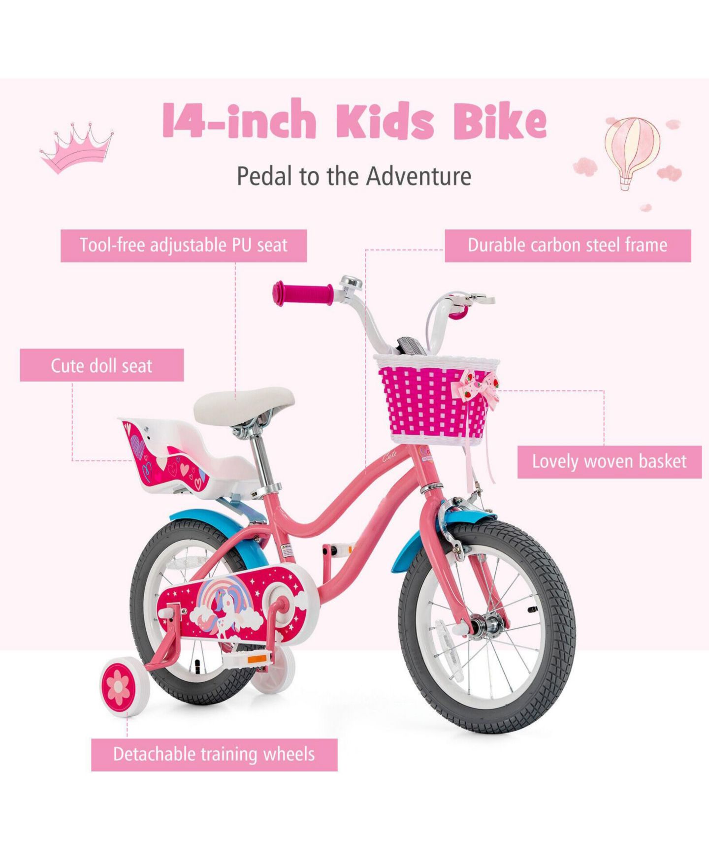 Детская игрушка Mecale Adjustable Kids' Bicycle with Training Wheels and Basket, Ages 3-9, цвет: Розовый — фото 7