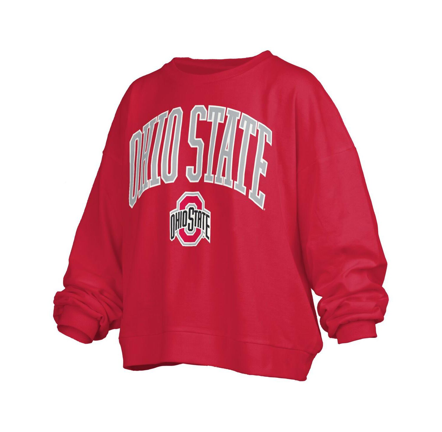 Women's Scarlet Ohio State Buckeyes Janise Arch Over Logo Waist Length Oversized Pullover Sweatshirt