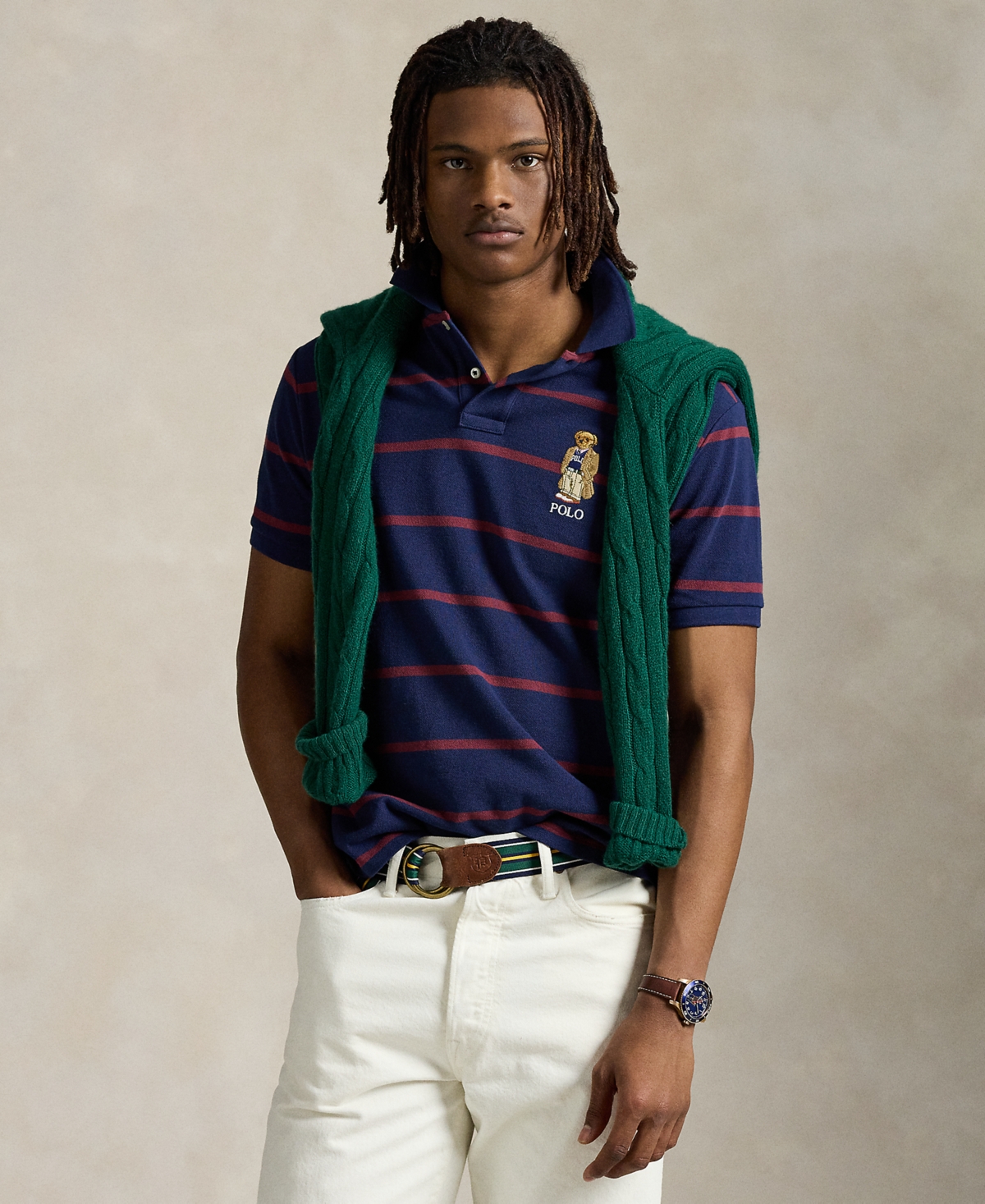 Men's Custom Slim Fit Bear Mesh Polo Shirt - Newport Navy Red