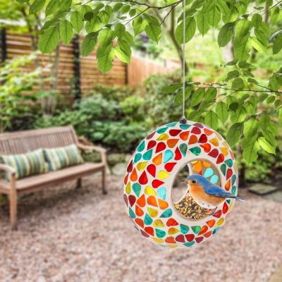 Outdoor Garden Patio Round Glass with Mosaic Design Hanging Fly-Through Bird Feeder - 6"