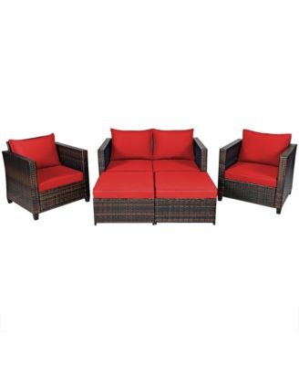 5PCS Outdoor Patio Rattan Conversation Sofa Furniture Set w/ Red Cushions