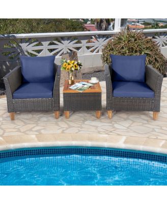 3PCS Patio Furniture Set Conversation Bistro Set w/ Acacia Wood & Cushions Navy