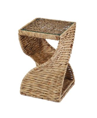 Square End Table with Rattan Swirl Design and Glass Top for Indoor Spaces