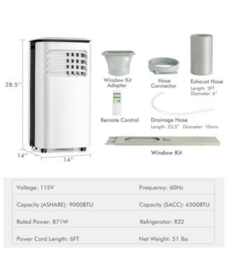 9000 BTU Portable Air Conditioner with Fan and Dehumidifier