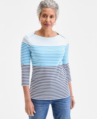 Style & Co - Women's Beach Stripe Cotton 3/4-Sleeve T-Shirt