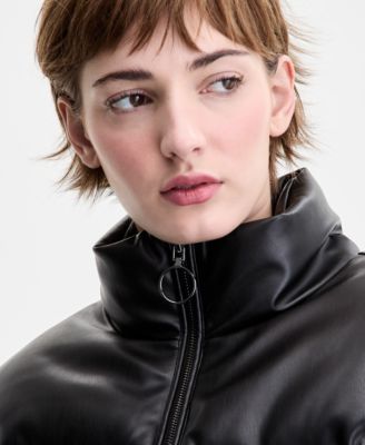 Juniors' Cropped Faux-Leather Puffer Coat