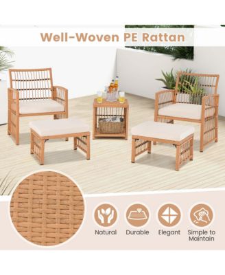 5 Piece Patio Rattan Wicker Conversation Set with 2-Tier Coffee Table & 2 Ottomans