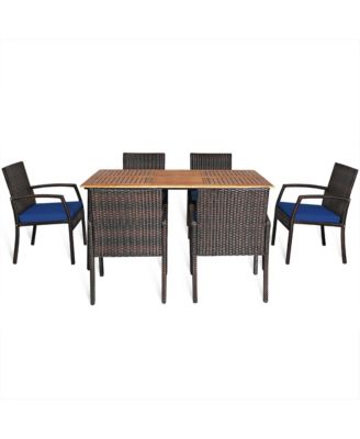 7PCS Patio Dining Furniture Set Yard w/ Wooden Tabletop Navy Cushions