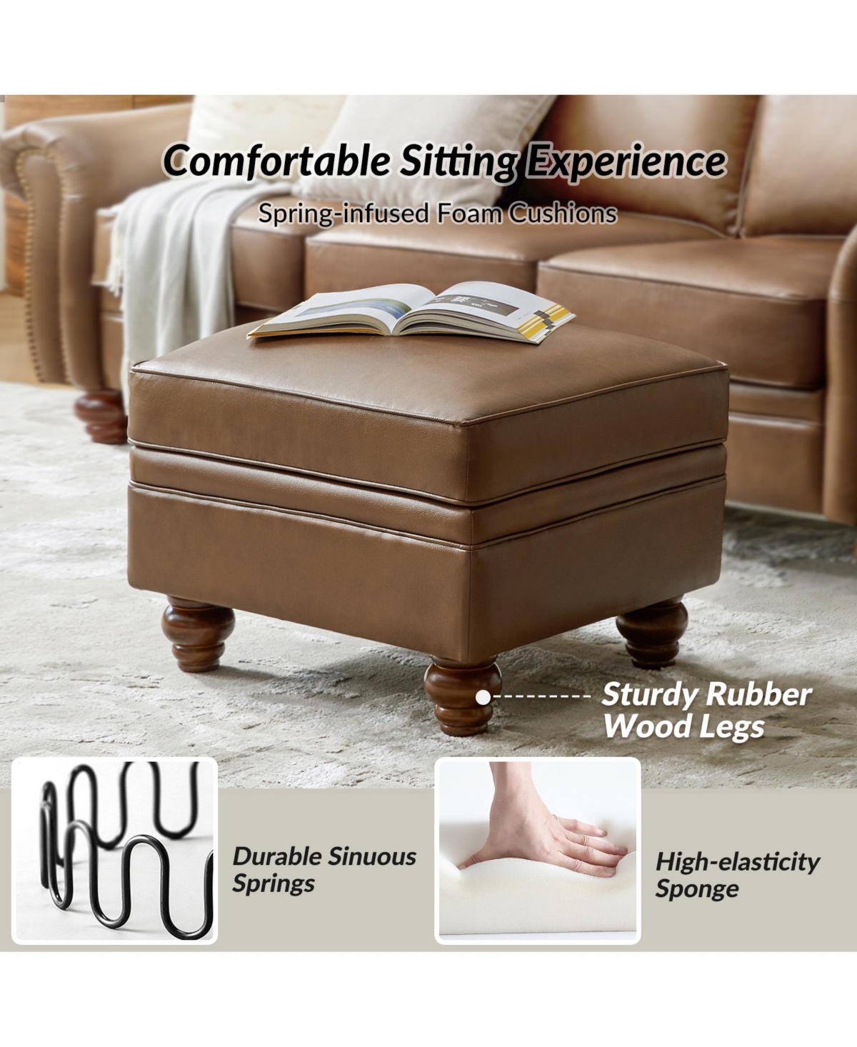 Sabina Transitional 27" Wide Ottoman with Solid Wood Legs