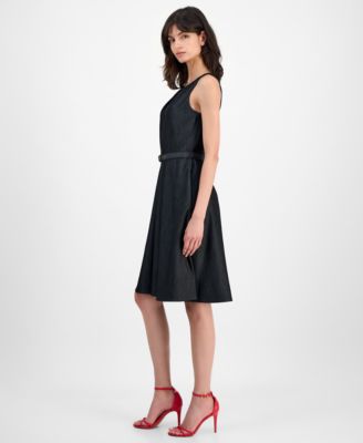 Women's Belted Soft Denim Sleeveless Fit & Flare Dress