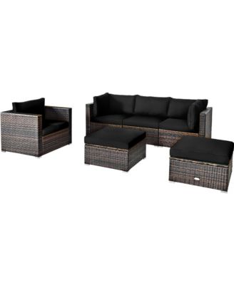 6PCS Patio Conversation Set Rattan Sectional Furniture Set w/ Black Cushions