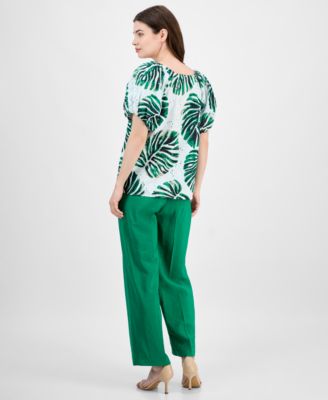 Anne Klein Womens Printed Eyelet Embroidered Cotton Blouse Pull On Wide Leg Ankle Pants In Multi