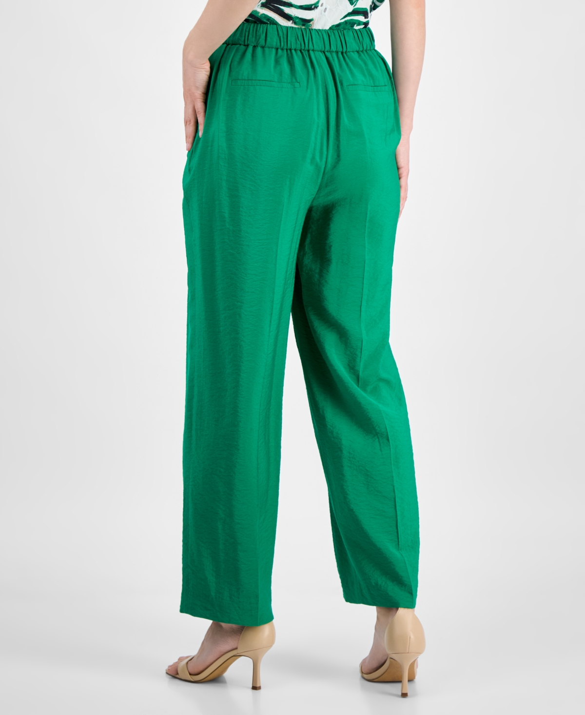 Anne Klein Womens Printed Eyelet Embroidered Cotton Blouse Pull On Wide Leg Ankle Pants In Green