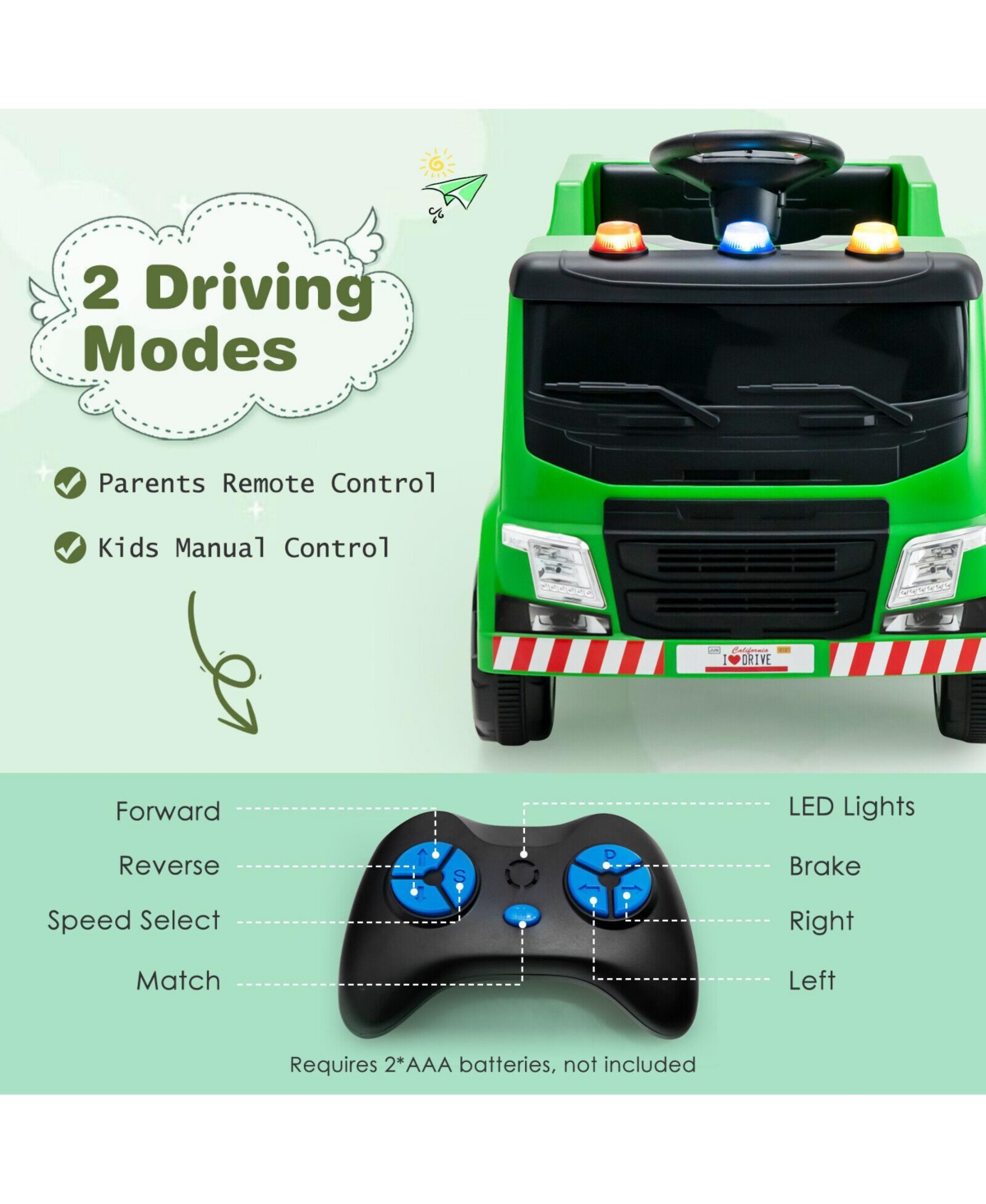 12V Kids Ride-on Garbage Truck with Warning Lights and 6 Recycling Accessories