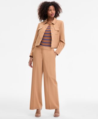 Womens Cropped Jacket Striped Short Sleeve Sweater Wide Leg Pants