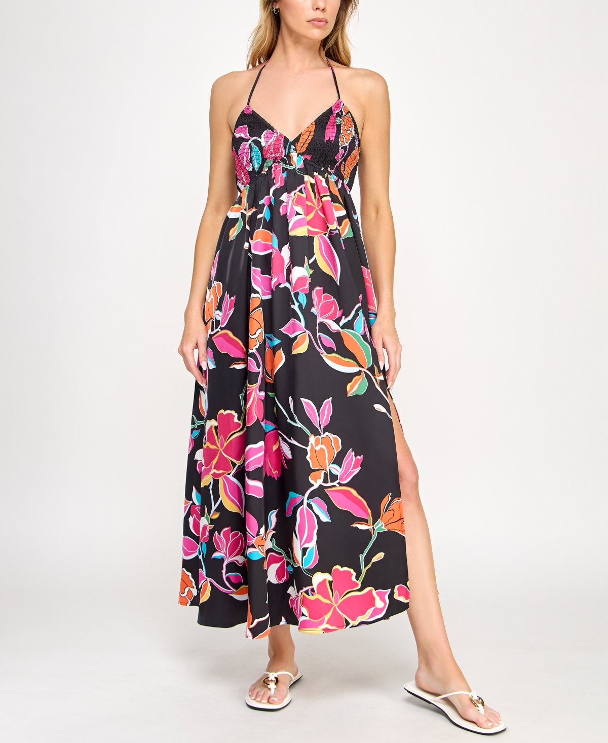 Juniors' Printed Smocked-Bodice Slit-Front Dress - Black Multi