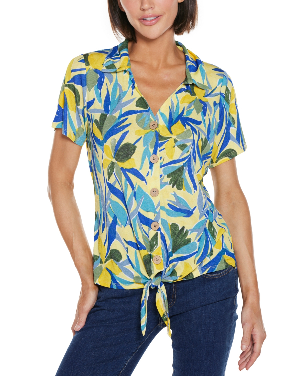 Women's Tropical Tie Front Knit Top - Tropical Yellow
