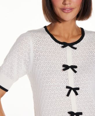 Women's Bow Detail Pointelle Short Sleeve Sweater