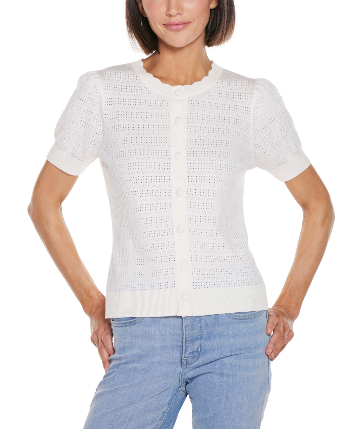 Shop Belldini Women's Pointelle Scalloped Placket Cardigan Sweater