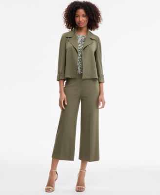 Womens Pull On Cropped Pants Printed Cap Sleeve Blouse 3 4 Sleeve Open Front Jacket