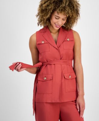 Women's Sleeveless Tie-Waist Patch-Pocket Jacket
