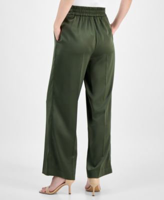 Women's Pull On High Rise Belted Wide Leg Satin Pants