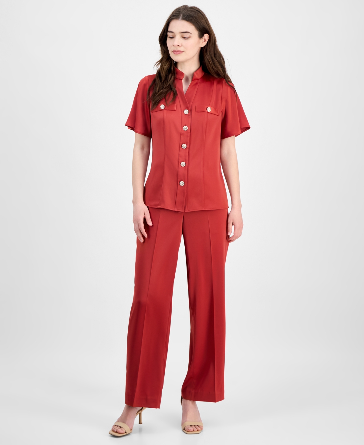 Anne Klein High Neck Short Sleeve Button-up Shirt In Red