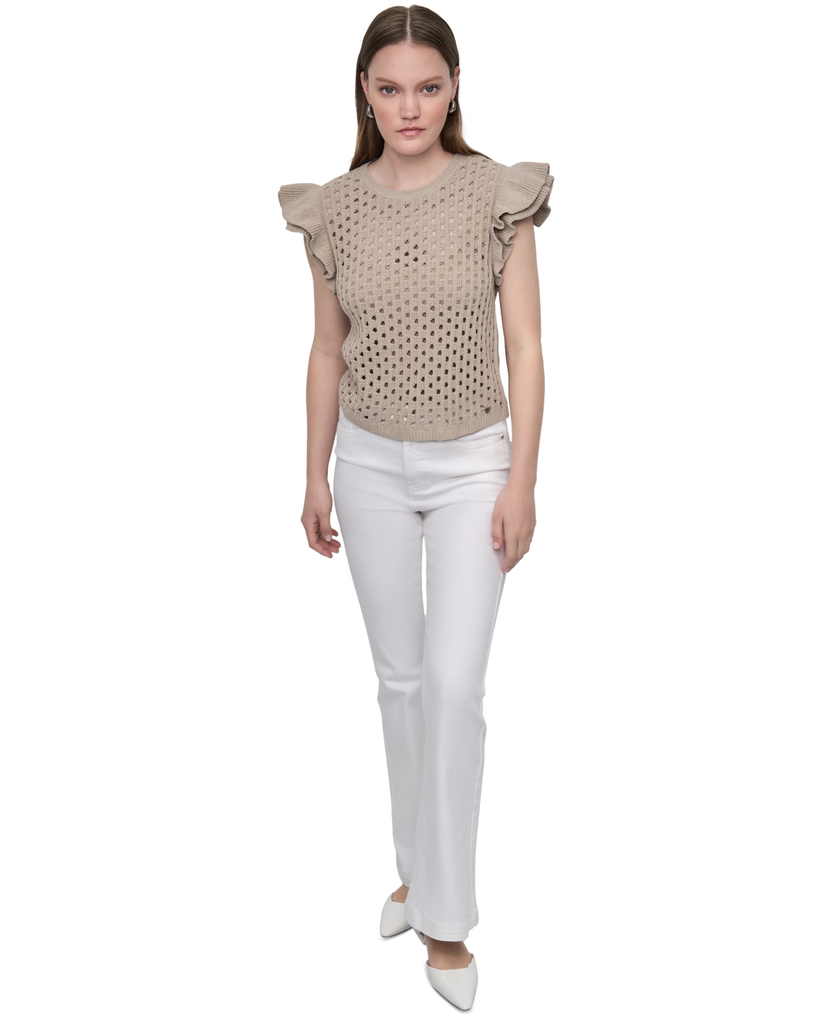 Dkny Jeans Women's Baby Chenille Pointelle Rib Flutter-sleeve Sweater In Neutral