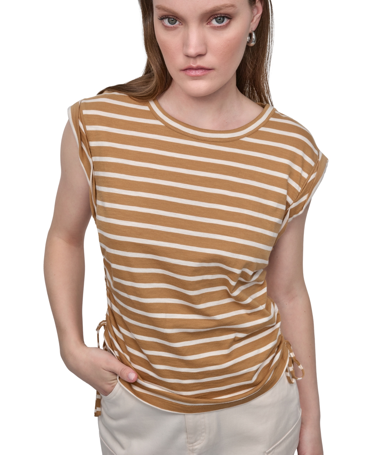 Dkny Jeans Petite Cotton Ruched Side-tie Sleeveless Tee In Brown