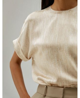 Women's Print Pearl Satin Silk T-Shirt Top