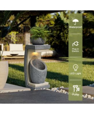 Gray Resin Column and Bowl Sculpture Outdoor Fountain with Lights