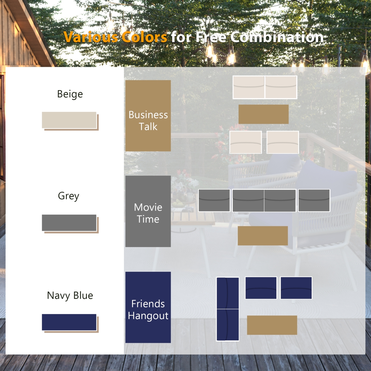 Outdoor 4-Piece Boho Rope Patio Furniture Set with Acacia Wood Table, Patio Conversation Set with Deep Seating & Thick Cushion