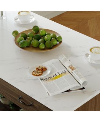 Kitchen island with 2 drawers, iron feet, island storage table with dining table, coffee station and microwave rack for home, dining room, marble and wood grain, wooden